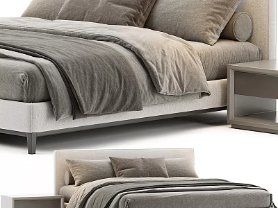 Modern Gray Double Bed With Soft Quilt Pillows Headboard And Nightstand 3d model