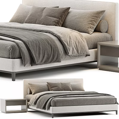Modern Gray Double Bed With Soft Quilt Pillows Headboard And Nightstand 3d model