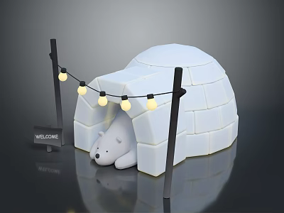 Polar Bear Resting in Igloo with String Lights and Welcome Sign 3d model
