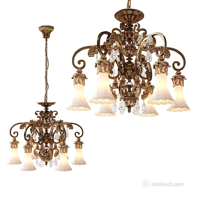 Ornate Vintage Chandelier With Intricate Metal Frame Crystal Pendants And White Lampshades 3d model 