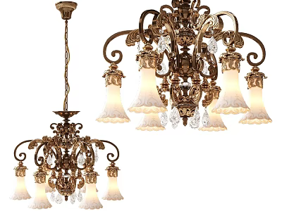 Ornate Vintage Chandelier With Intricate Metal Frame Crystal Pendants And White Lampshades 3d model