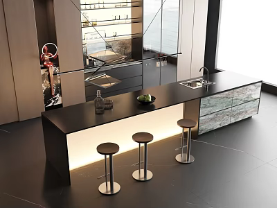 Modern Open Restaurant Interior With Bar Counter Stools And Lighting Design 3d model