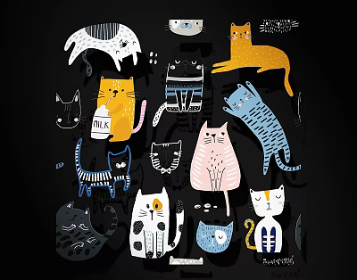 Colorful Playful Cartoon Cats Wall Decor With Black Background Artistic Design 3d model