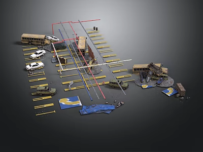Parking Lot Scenario Components With Buses Cars Parking Lines And Building Models 3d model