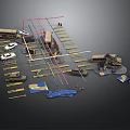 Parking Lot Scenario Components With Buses Cars Parking Lines And Building Models