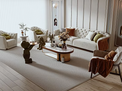 Elegant Modern Sofa and Coffee Table Set With Green Pillows Marble Top and Area Rug 3d model