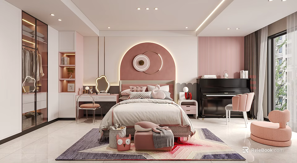 Modern Kids Bedroom With Pastel Pink Tones Piano And Star Rug 3d model 