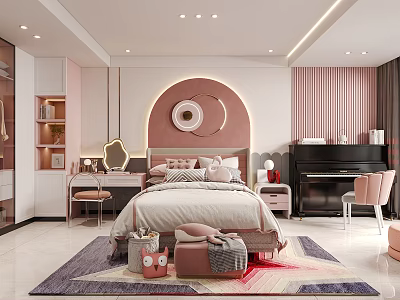 Modern Kids Bedroom With Pastel Pink Tones Piano And Star Rug 3d model