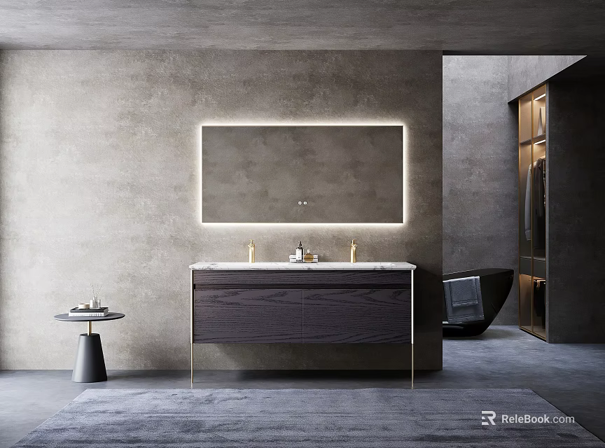 Modern Bathroom Interior With Stylish Cabinet Backlit Mirror And Marble Countertop 3d model 