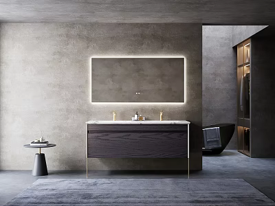 Modern Bathroom Interior With Stylish Cabinet Backlit Mirror And Marble Countertop 3d model