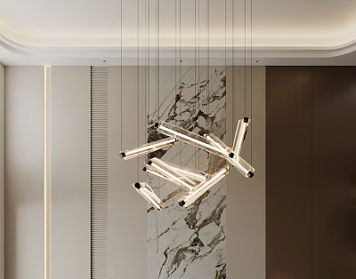 Modern Linear Chandelier With Multiple Suspended Rods In Elegant Interior Space With Marble Accents 3d model