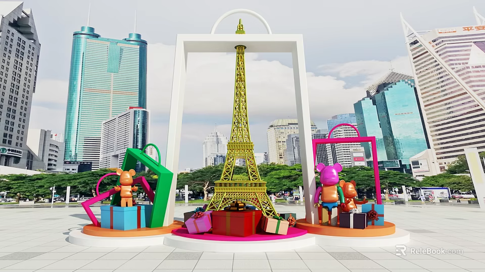 Colorful Gift Boxes And Cartoon Figures Around Golden Eiffel Tower Model In Urban 3d model 
