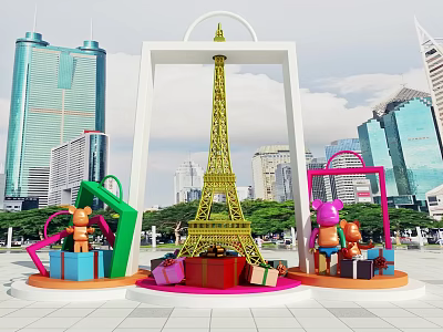 Colorful Gift Boxes And Cartoon Figures Around Golden Eiffel Tower Model In Urban 3d model