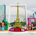 Colorful Gift Boxes And Cartoon Figures Around Golden Eiffel Tower Model In Urban