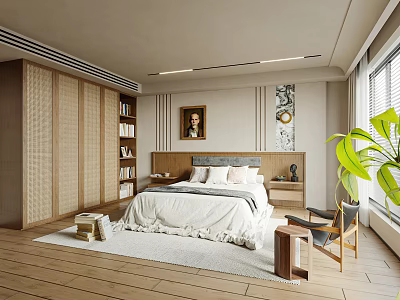 Modern Bedroom Interior With White Bed Wooden Floor Green Plant And Decorative Painting 3d model