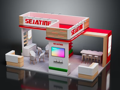 SEIJATIME Exhibition Booth Design With Red White Structure Tables Chairs And Display Screen 3d model