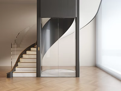 Modern Staircase And Elevator Design With Glass Railing And Wooden Floor 3d model