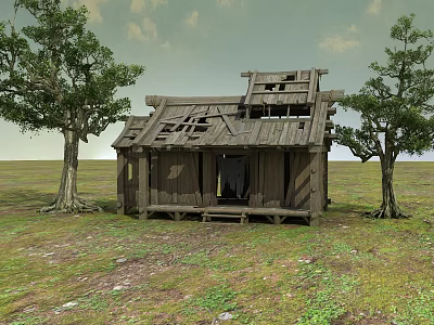 Dilapidated Old Wooden Hut With Large Trees In Open Grassy Field 3d model