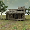 Dilapidated Old Wooden Hut With Large Trees In Open Grassy Field