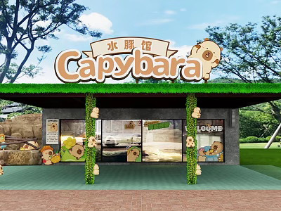Capybara House Exterior Design With Grass Roof Decorative Columns Trees And Lawn 3d model