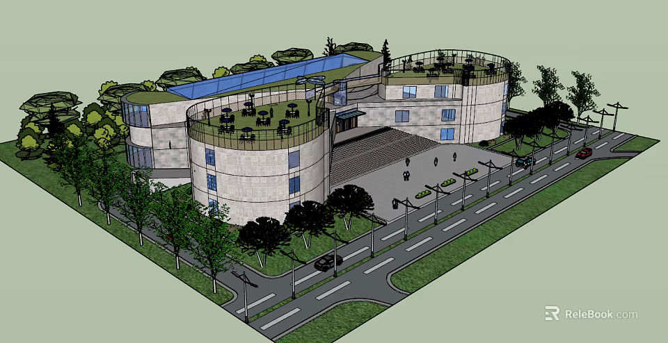 Modern Museum Building Architecture With Circular Structure Green Roof Design Trees And Street View 3d model 