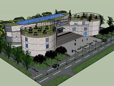 Modern Museum Building Architecture With Circular Structure Green Roof Design Trees And Street View 3d model