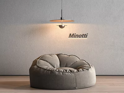 Minotti Gray Bean Bag Chair In Room With Gray Wall Pendant Light And Wooden Floor 3d model