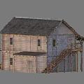 Old Weathered Two Story Wooden House With Shingled Roof Porch And Balcony