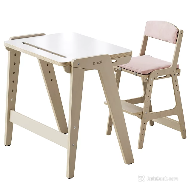 Wooden Kids Desk With Pink Padded Chair For Study And Play Time 3d model 