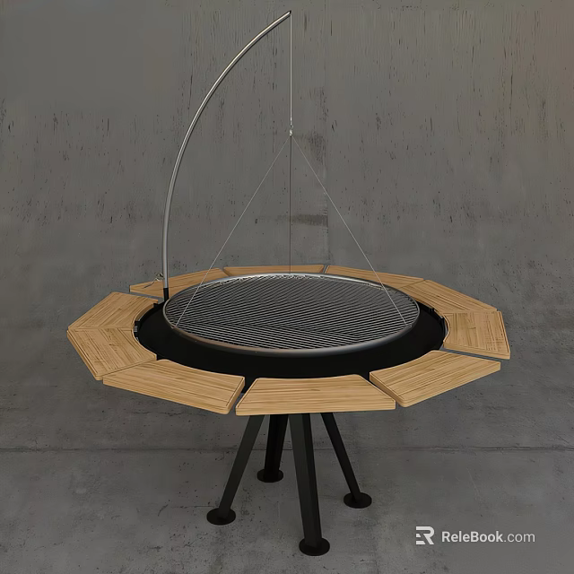 Modern Circular Table With Wooden Edges And Metal Tabletop On Black Stand 3d model 