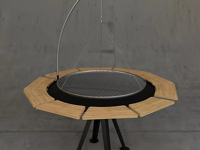 Modern Circular Table With Wooden Edges And Metal Tabletop On Black Stand 3d model