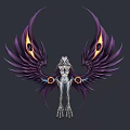 Elegant Fantasy Creature Character With Purple Feathered Wings And Glowing Eyes