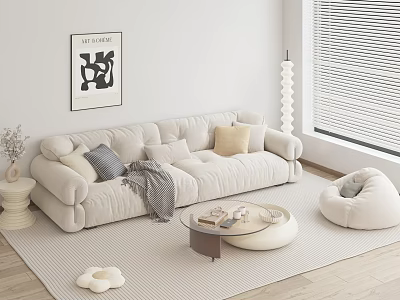 Cozy Beige Sofa Coffee Table Combination With Throw Pillows Blanket Bean Bag Chair And Artwork 3d model