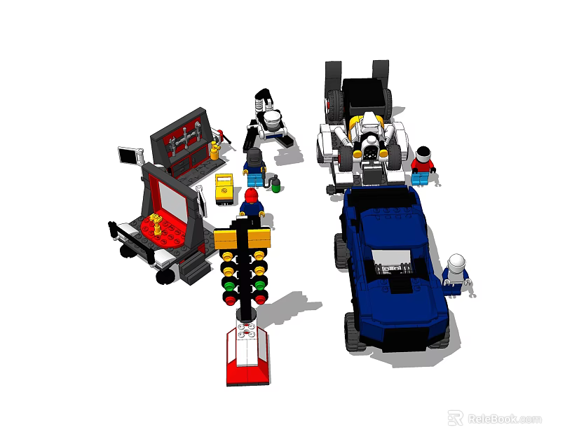 Building Blocks Play Scene With Blue Car Figures Traffic Light And Control Console 3d model 