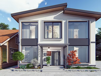 Modern Two Story Detached Villa With Large Windows And Front Landscaped Garden 3d model