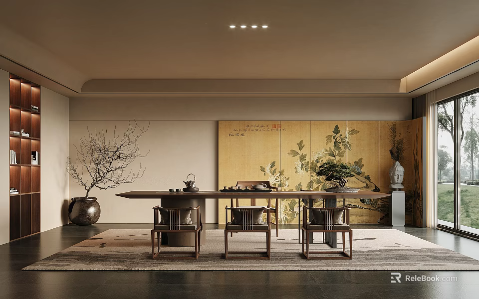 Traditional Tea Room Interior With Wooden Table Chairs Decorative Screen Vase Branches And Recessed Lights 3d model 