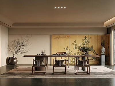 Traditional Tea Room Interior With Wooden Table Chairs Decorative Screen Vase Branches And Recessed Lights 3d model