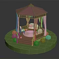 Wooden Garden Gazebo With Seats On Green Lawn And Surrounding Bushes