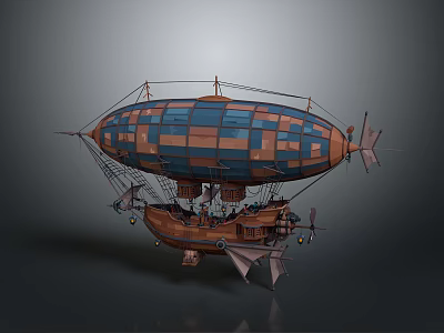Steampunk Airship With Blue Brown Checkered Envelope And Wooden Propeller Structure 3d model