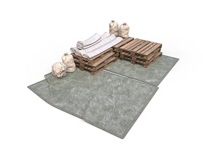 Modern Storage Scene With Stacked Wooden Pallets Rolled Materials And Sacks On Green Tarp 3d model