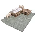 Modern Storage Scene With Stacked Wooden Pallets Rolled Materials And Sacks On Green Tarp