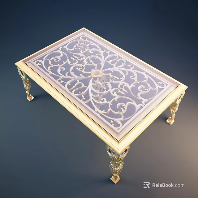 Elegant Gold Coffee Table With Ornate Carved Design And Glass Top 3d model 