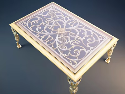 Elegant Gold Coffee Table With Ornate Carved Design And Glass Top 3d model
