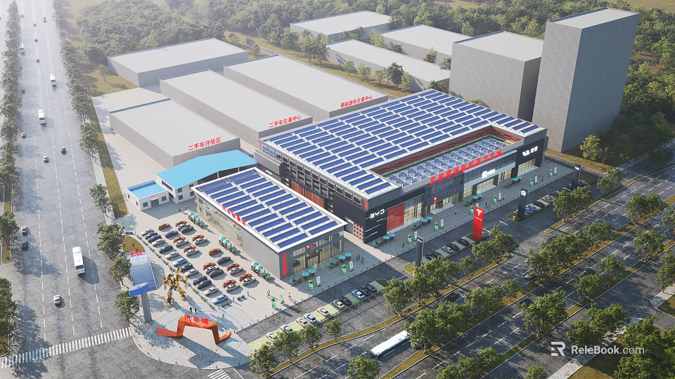 Aerial Planning of Commercial Building Complex With Solar Panel Roofs Parking Areas and Landscaping 3d model 
