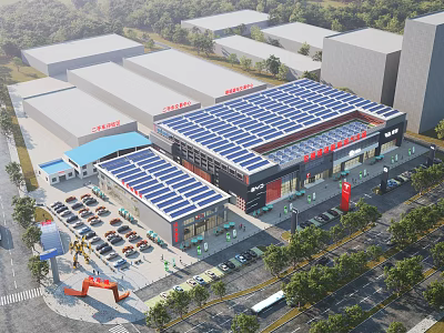 Aerial Planning of Commercial Building Complex With Solar Panel Roofs Parking Areas and Landscaping 3d model