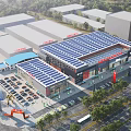 Aerial Planning of Commercial Building Complex With Solar Panel Roofs Parking Areas and Landscaping