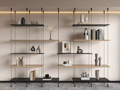 Modern Open Shelving Unit With Wooden Shelves Metal Frame And Decor Items 3d model
