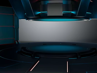 Cartoon Sci Fi Scene With Round Platform Blue Lighting And Gray Dark Structures 3d model