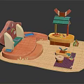 Cartoon Playground Scene with Pink Slide Green Roof Pavilion Yellow Table and Colorful Mat