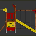 Wooden Playground Equipment With Yellow Slide Red Climbing Net And Platforms